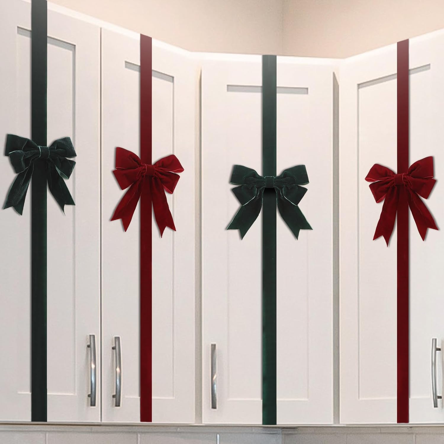 Knitgrip Set of 4 Christmas Velvet Cabinet Ribbon Bows 78 Inch Festive Large Xmas Bow Artificial Front Door Holiday Ribbons for Party Furniture Room Kitchen Decorations(Red,Green)