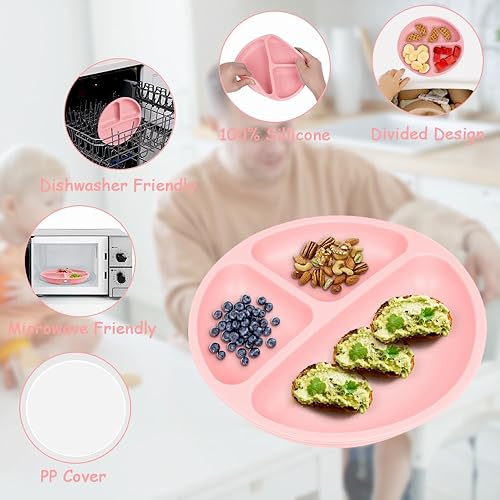 Miniatura 4 de Vicloon Platos para niños pequeños, 2 platos de silicona para bebés, placas de succión sin BPA con tapas para bebés y niños pequeños, función de