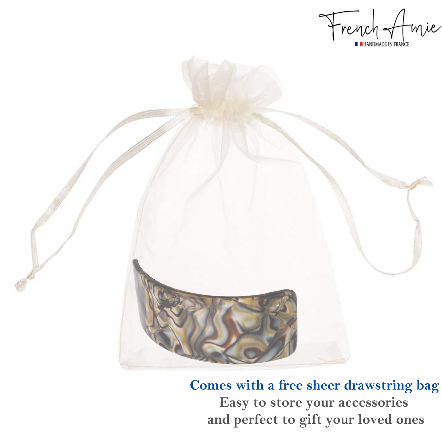 French Amie Broad Curved Oblong Onyx Silver Grey Extra Wide Large Celluloid Acetate Automatic Volume Hair Clip Barrette with Golden Clasp for Women and Girls - Image 8