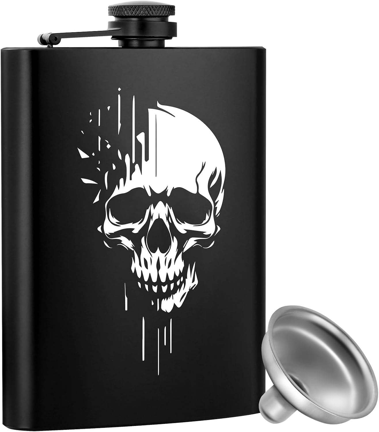 1pcs 8oz Stainless Steel Hip Flask, Pocket Flask, with Funnel and Greeting Card Gift Box, Golden Skull Pattern Personalised Flask Alcohol, Perfect for Camping, Hiking, and Outdoor Activities, Black