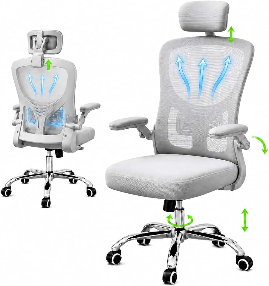 Cadeira de Escritório Ergonômica Premium NR17 Cinza Giratória Reclinável 145 Graus com Suporte Lombar Encosto Mesh Respirável Cadeira Gamer com Regulagem de Altura e Rodinhas Suporta até 120kg