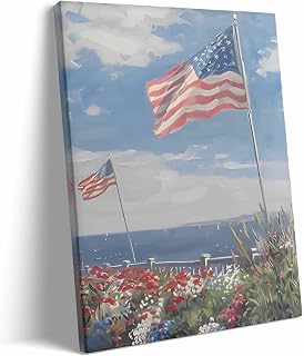 Memorial Day Canvas Wall Art, Seaside American Flag Print, Patriotic Coastal Landscape with Flowers and Sky Vintage Framed Oil Painting, Independence Day Summer Beach House Wall Decor 16x20inch