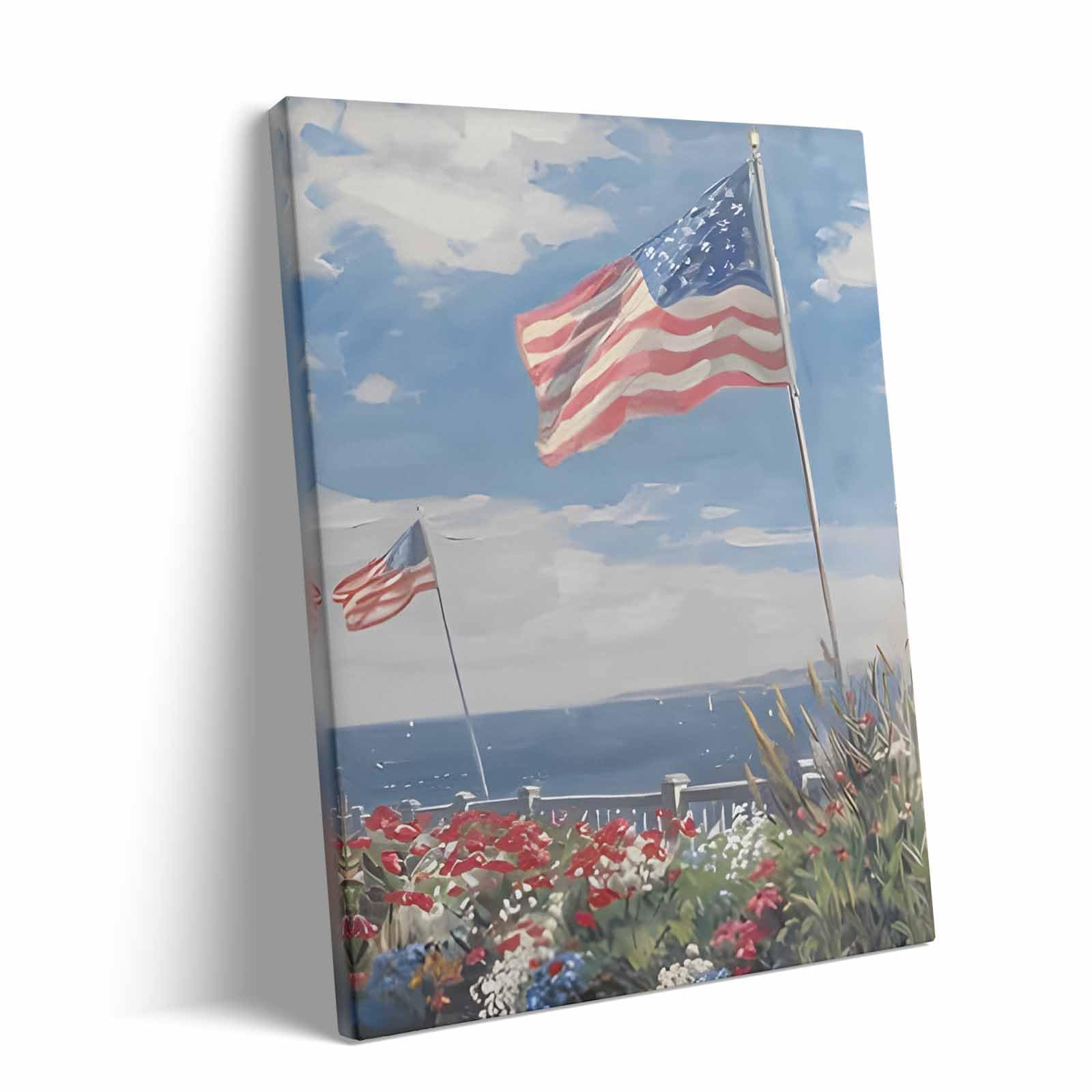 Memorial Day Canvas Wall Art, Seaside American Flag Print, Patriotic Coastal Landscape with Flowers and Sky Vintage Framed Oil Painting, Independence Day Summer Beach House Wall Decor 8x10inch