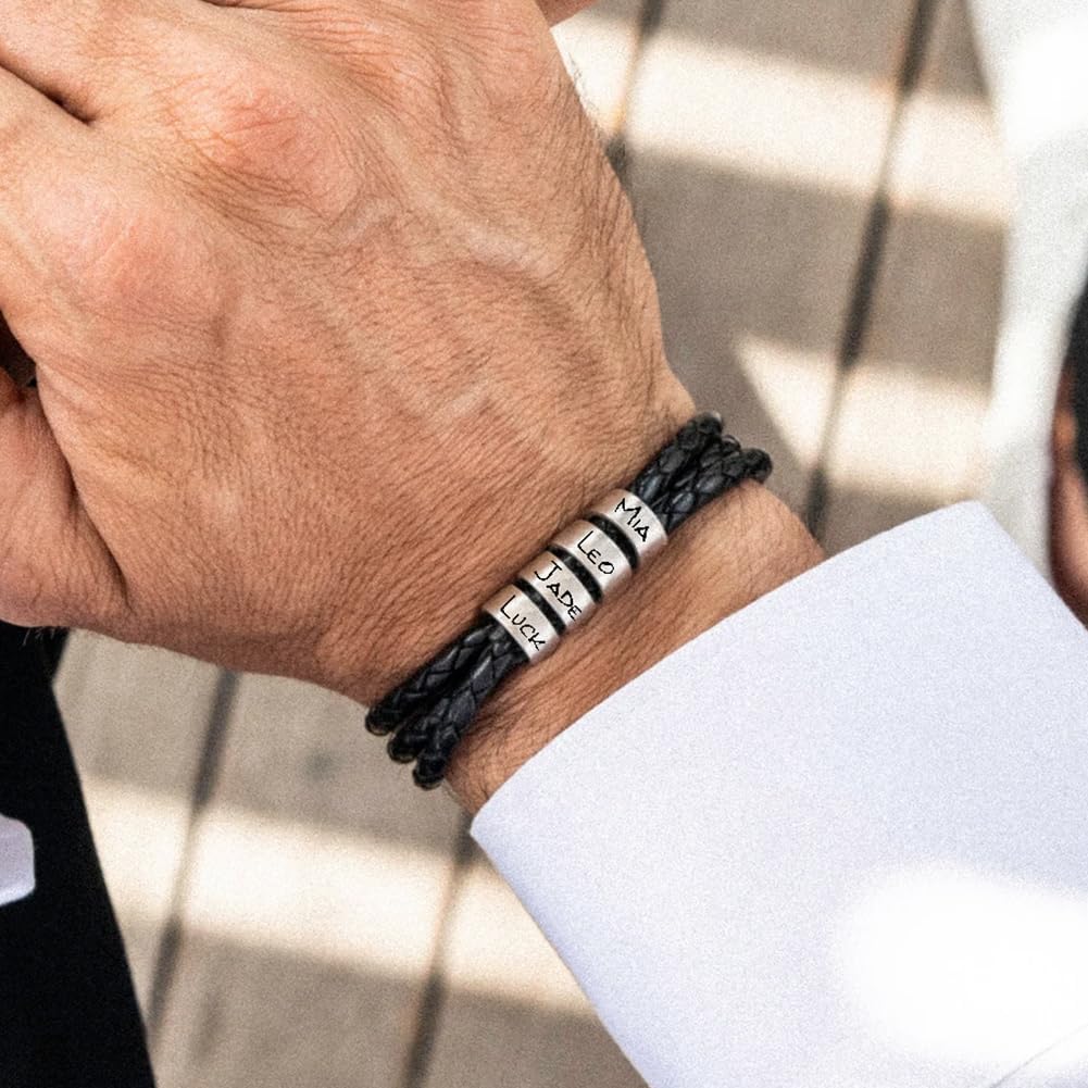 ShineSand Personalized Mens Leather Bracelet with Custom Beads, Customized Braid Leather Bracelet Engraved with Names for Men - Image 2