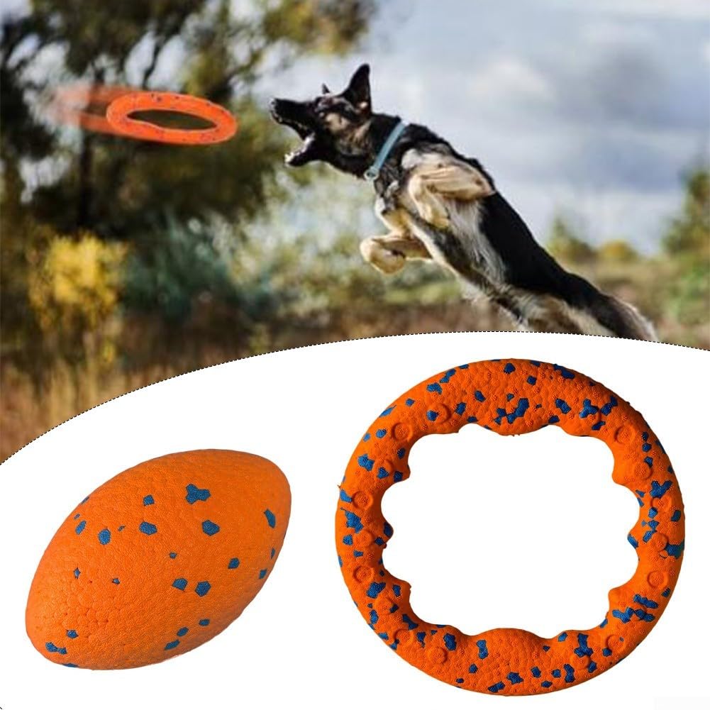 Dog Toy Ring And Football Set E-TPU Chew Resistant Floating | E-TPU Material, Floats In Water, Dental Cleaning Texture, Bright Colours For Visibility, 2-piece Set For Fetch