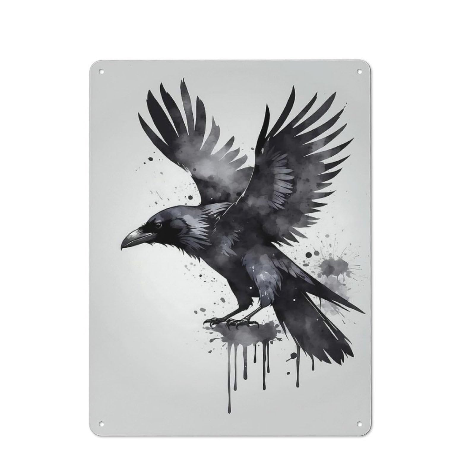 Junmoney Watercolor Raven With Spread Wings Metal Wall Plaque 40X30cm, Vintage Nostalgic Wall Art For Bedroom, Office, Home Bar Or Dining Room