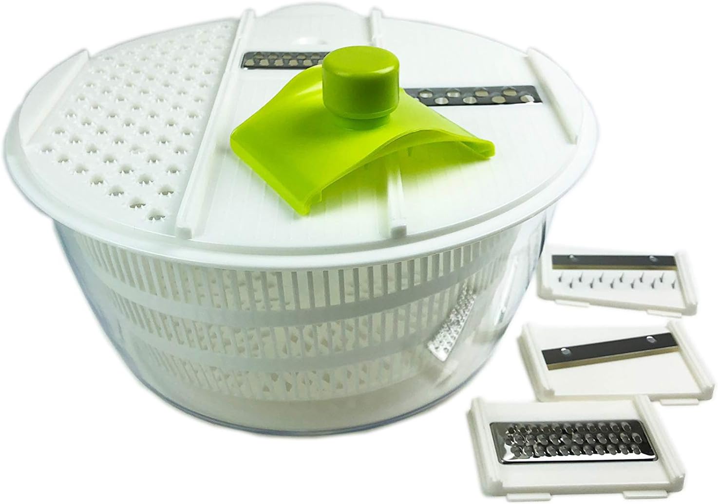 HUJI Multifuncional Gran Ensalada Spinner (4 cuartos de galón) y Mandolina Set  5 cuchillas cortador, escurridor, Tosser, Secador de verduras con un