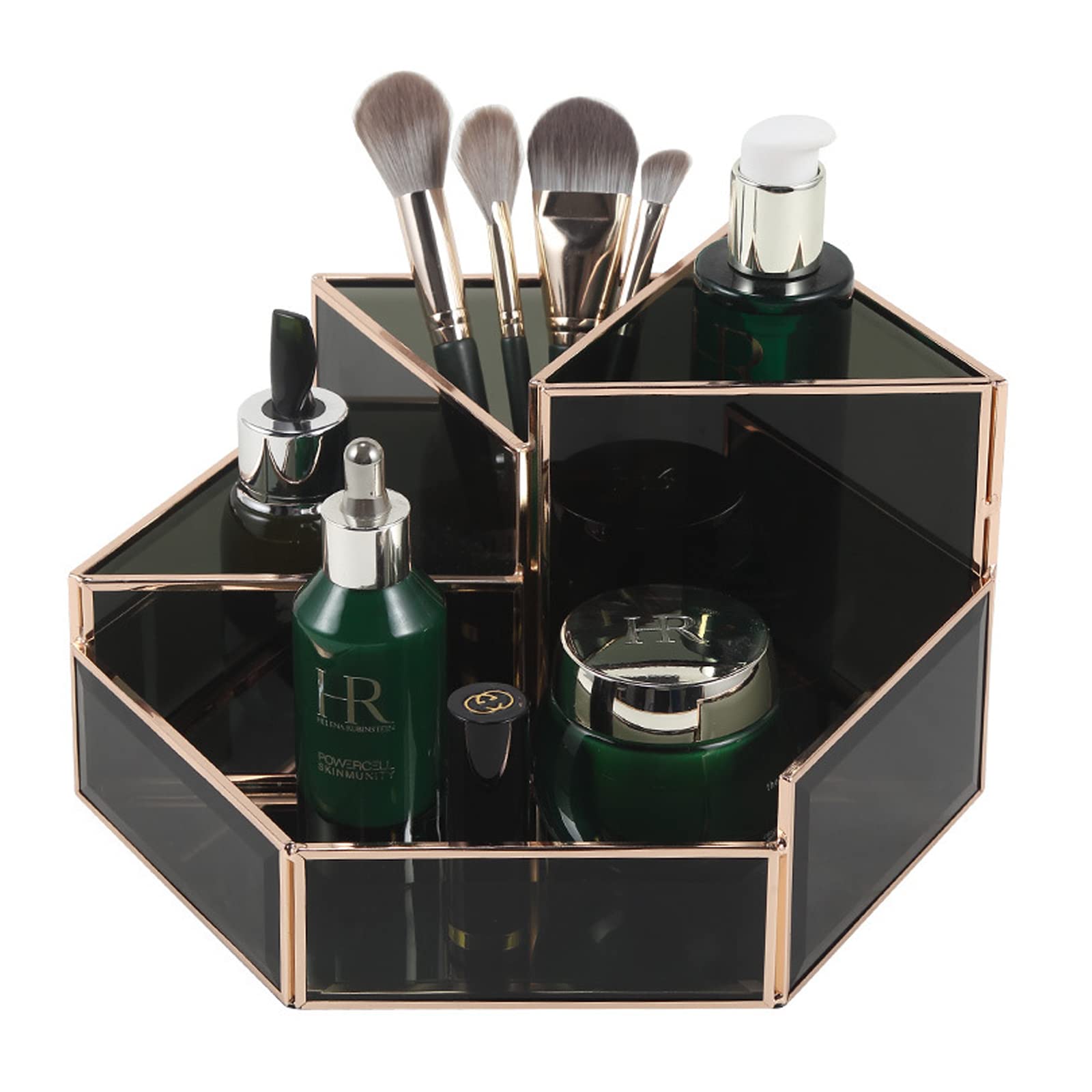 【化妆品】360 Degree Rotating Cosmetic Storage Box,Glass Beauty Display,Dressing （收纳盒）Table Makeup Brush Lipstick Storage Desktop Skincare Product Organizing Box