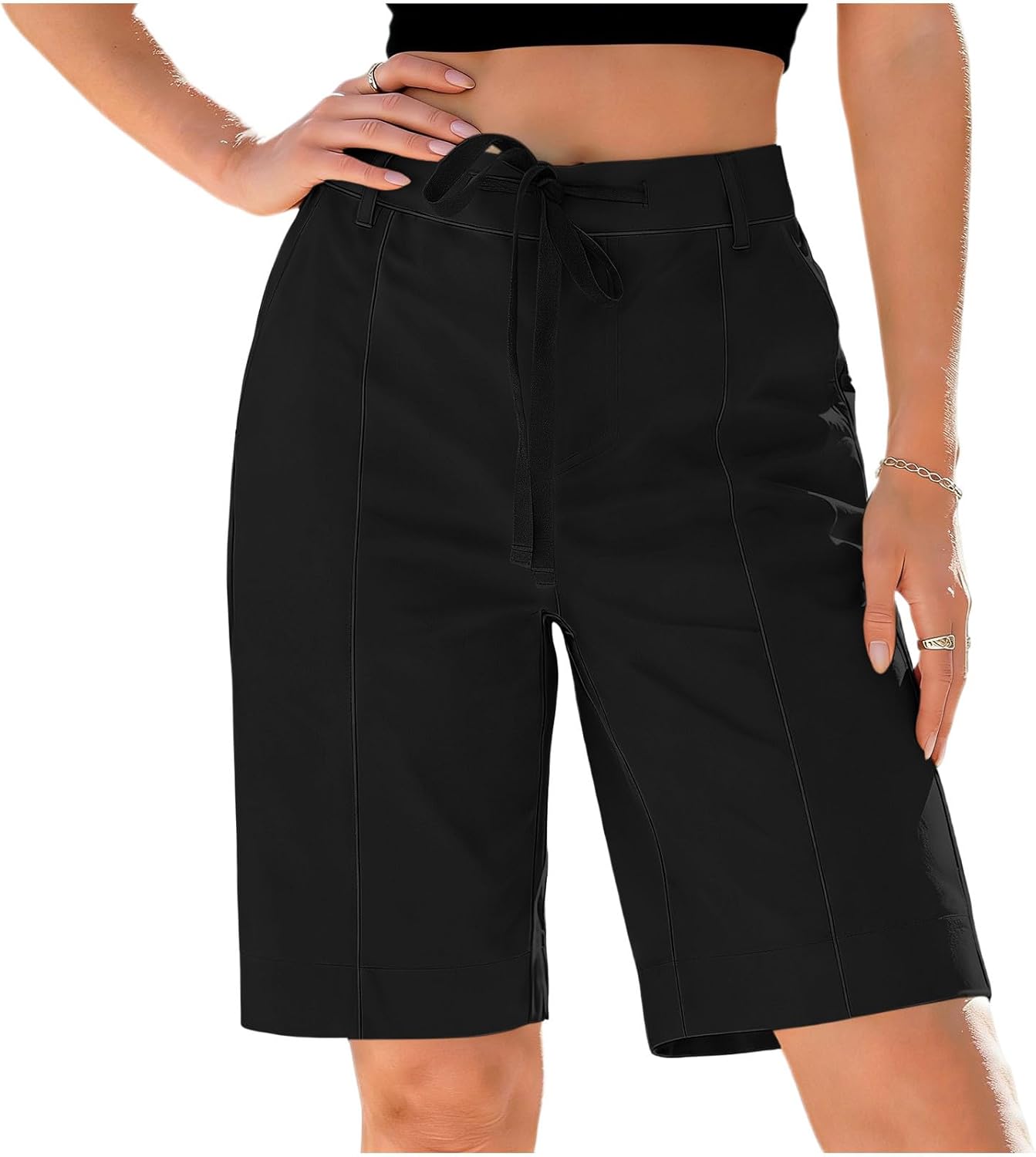 Bermuda Shorts for Women High Waist Knee Length Long Shorts Drawstring Summer Dressy Casual Short