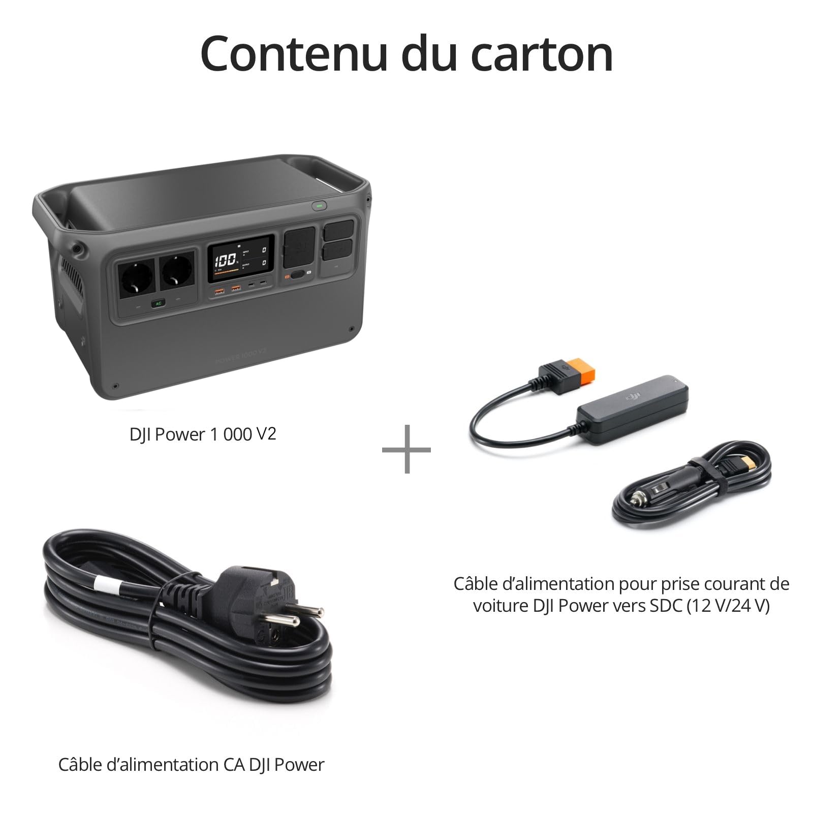 DJI Power 1000 V2 Station d'alimentation portable 1024 Wh, 2600 W avec câble de charge de voiture vers DC (12 V/24 V), charge rapide en 37 minutes. De 0% à 80%, générateur électrique pour le camping