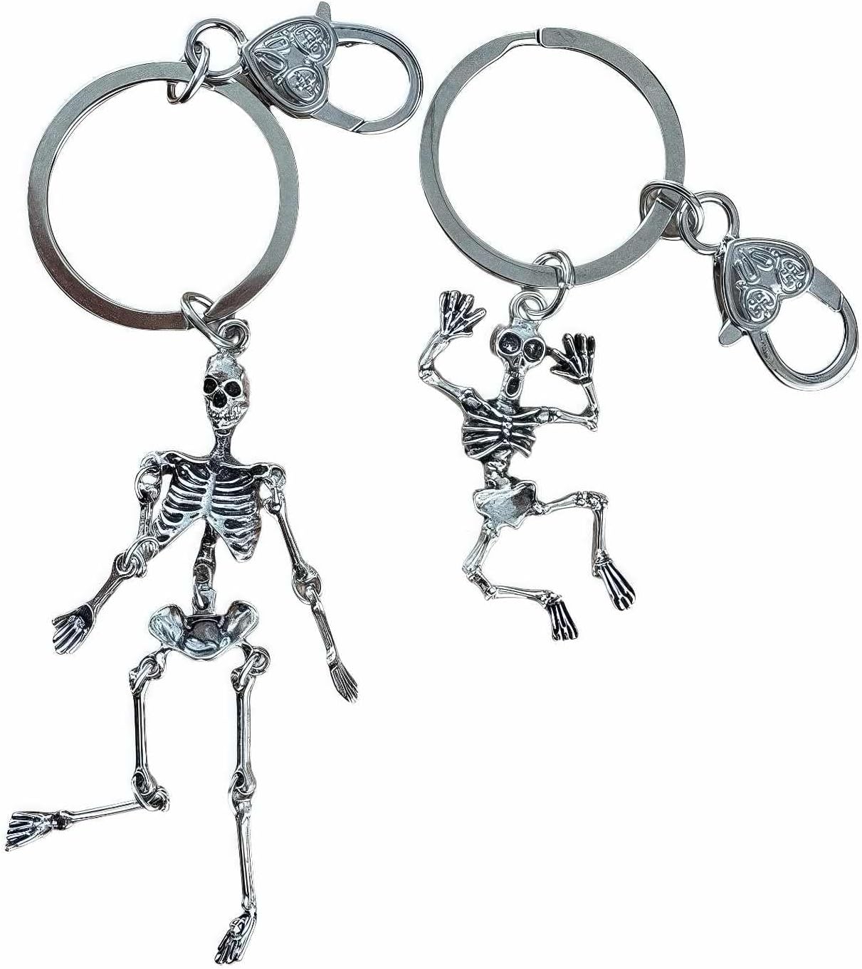 2 pcs skeleton skull halloween keychain, goth oddity funny heart silver charms for backpacks bag purse, terrifier gothic fashion spooky decor gifts for men women