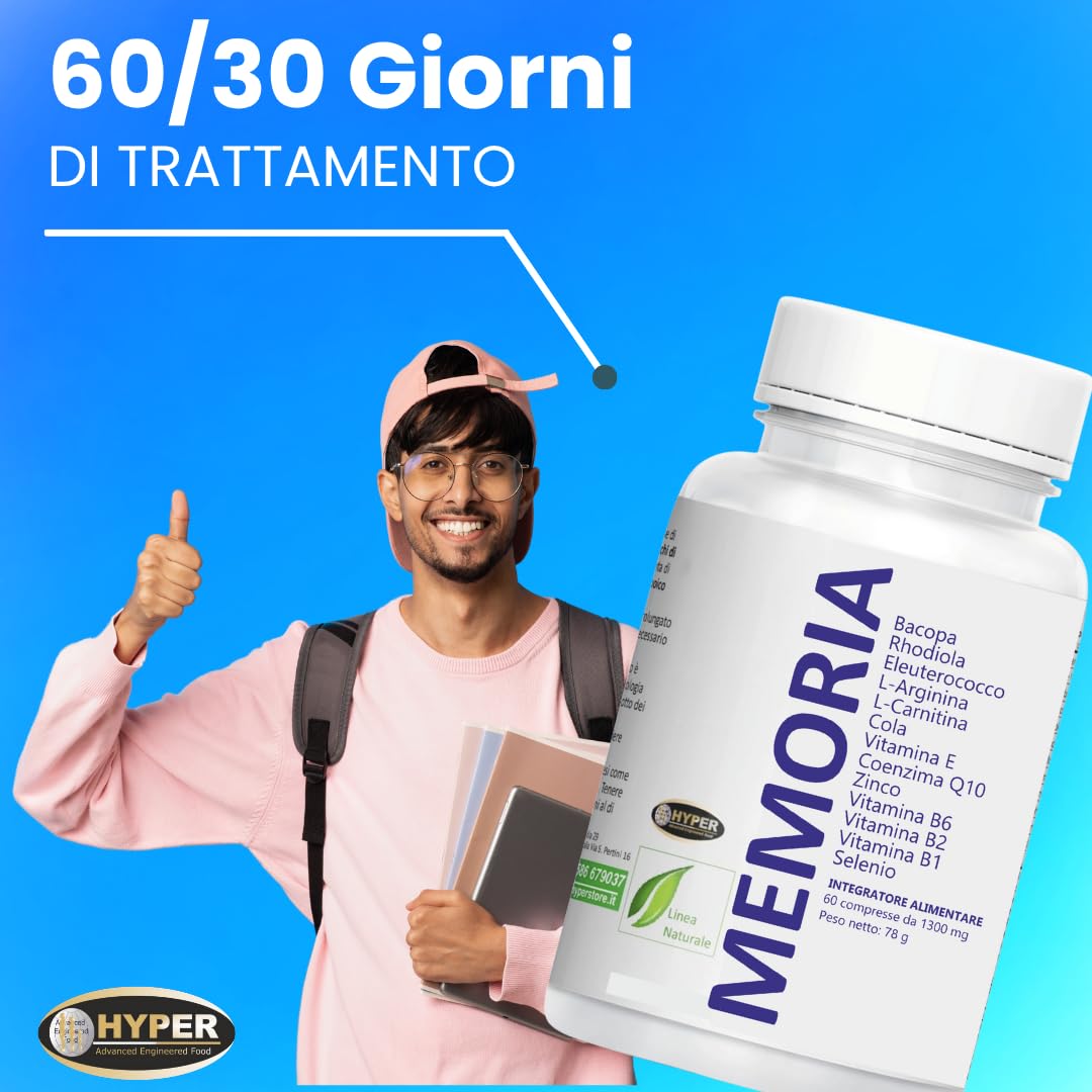 HYPER MEMORIA – Integratore per Concentrazione, Focus e Energia Mentale con Bacopa, Rhodiola, Eleuterococco, L-Arginina, L-Carnitina, Coenzima Q10, Vitamine B1 - B2 - B6 -E, Zinco e Selenio.
