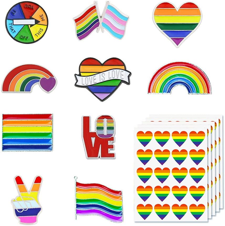Rainbow Broochs, 10 Styles Metal Fashion Badge Pride Lapel Pin with 100 Heart Love Stickers for Dresses, Suits, Backpacks, Bags