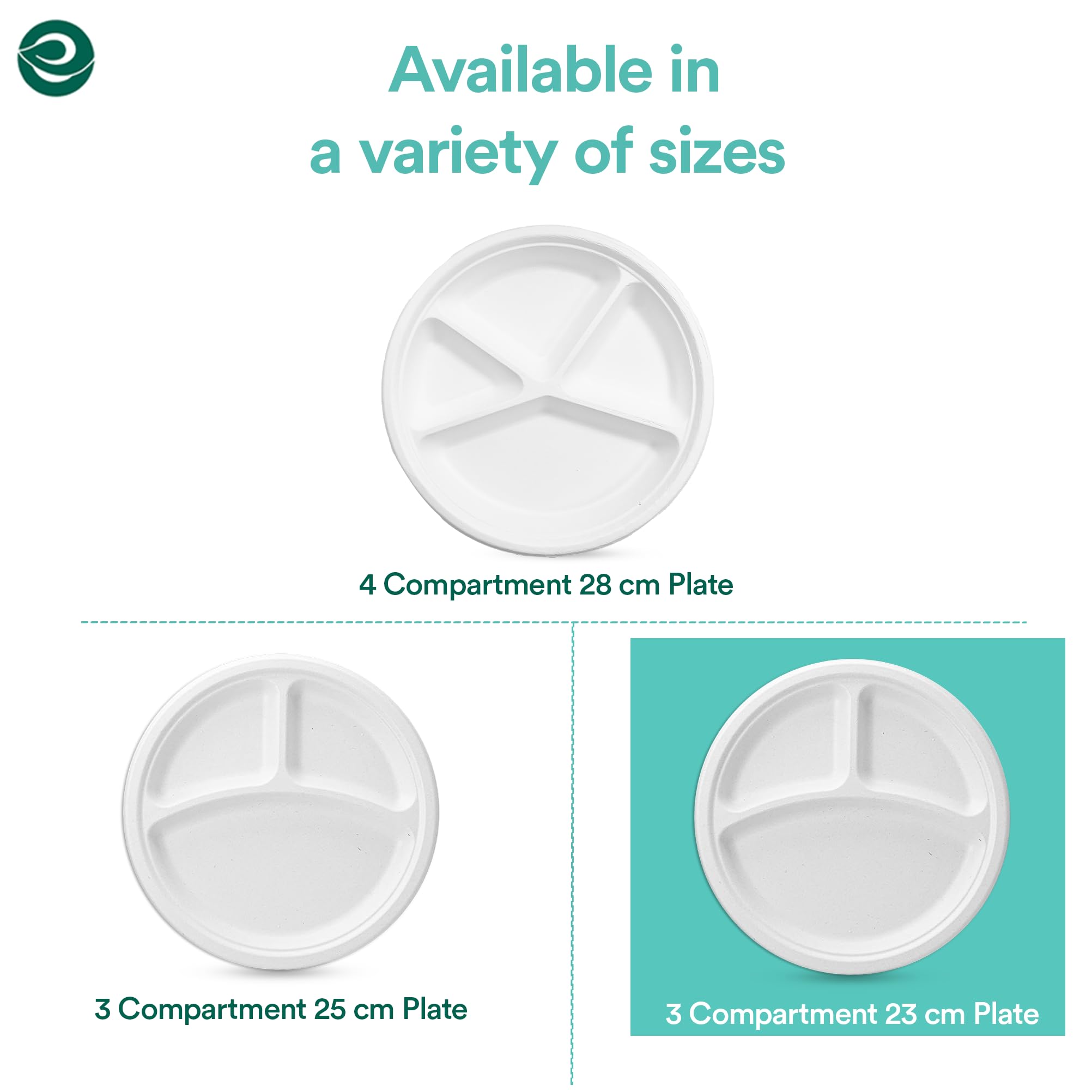 ECO SOUL [11 inch, 25 Pack, 4-Compartment Disposable Bagasse Plates | Eco-Friendly, Biodegradable, Sugarcane Paper Plates | for Serving Dinner | Birthday, Wedding & Party | Round, White (28 cm)
