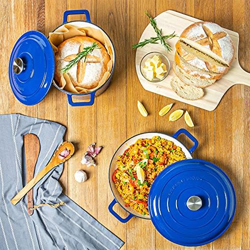 Argon Tableware Cast Iron Shallow Casserole Dish - Enameled Dutch Oven - Self-Basting Lid - Hob to Oven - 350ml - Midnight Blue