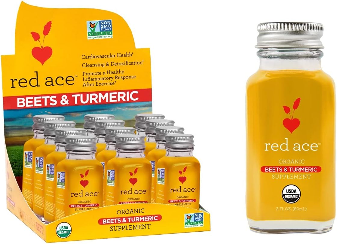 Red Ace-100% Certified Organic Beet Juice & Turmeric Supplement Shots, 2 fl oz, 12 Count (Pack of 1)