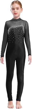 Girls Long Sleeve Gymnastics Leotard Full Body Rhinestone Ballet Dance Figure Ice Skating Unitard Jumpsuit