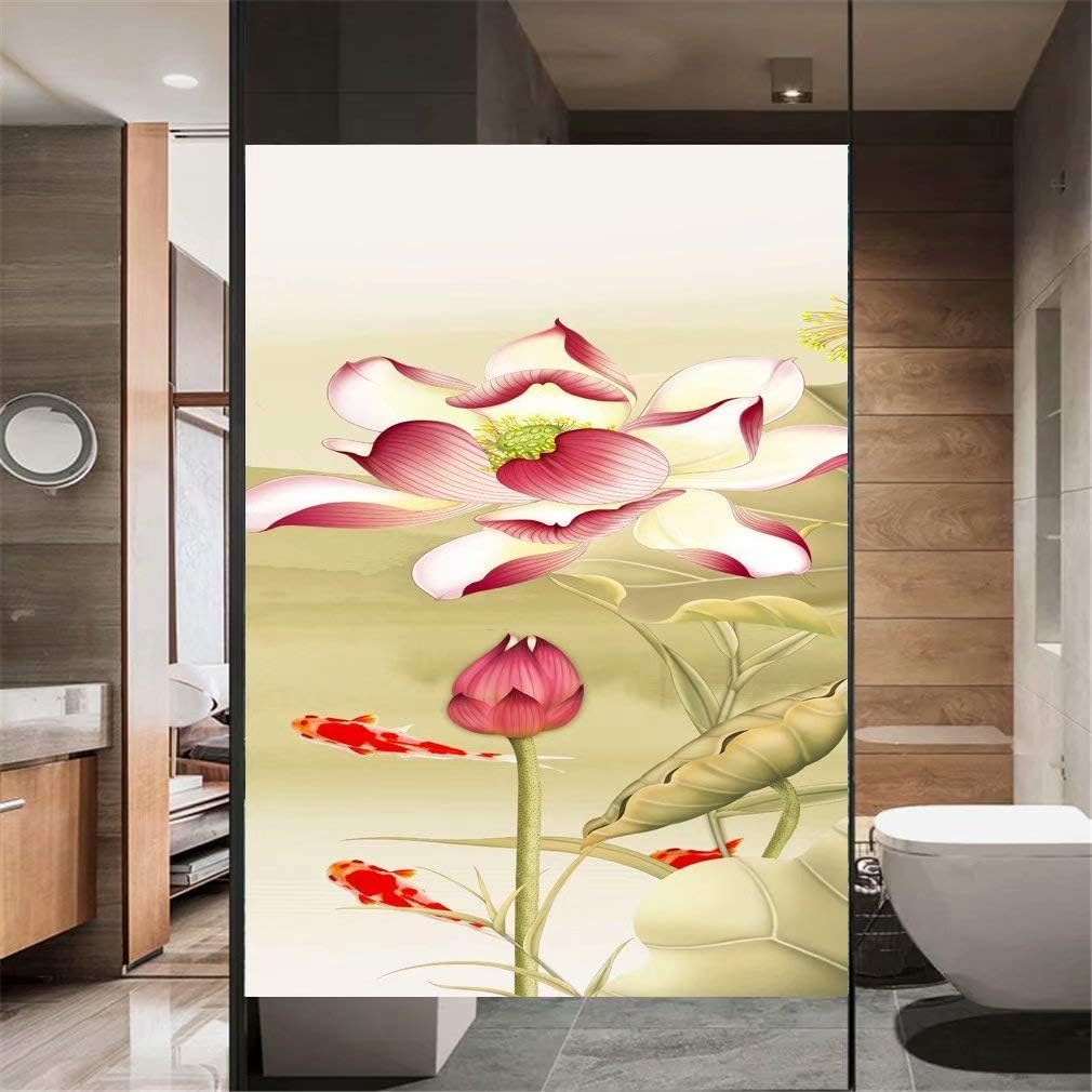Privacy Window Film Lotus Flower Goldfish Decorative Opaque Non-Adhesive Static Cling Frosted Glass Window Film Window Stickers for Home Office 69x160cm(27"x63")