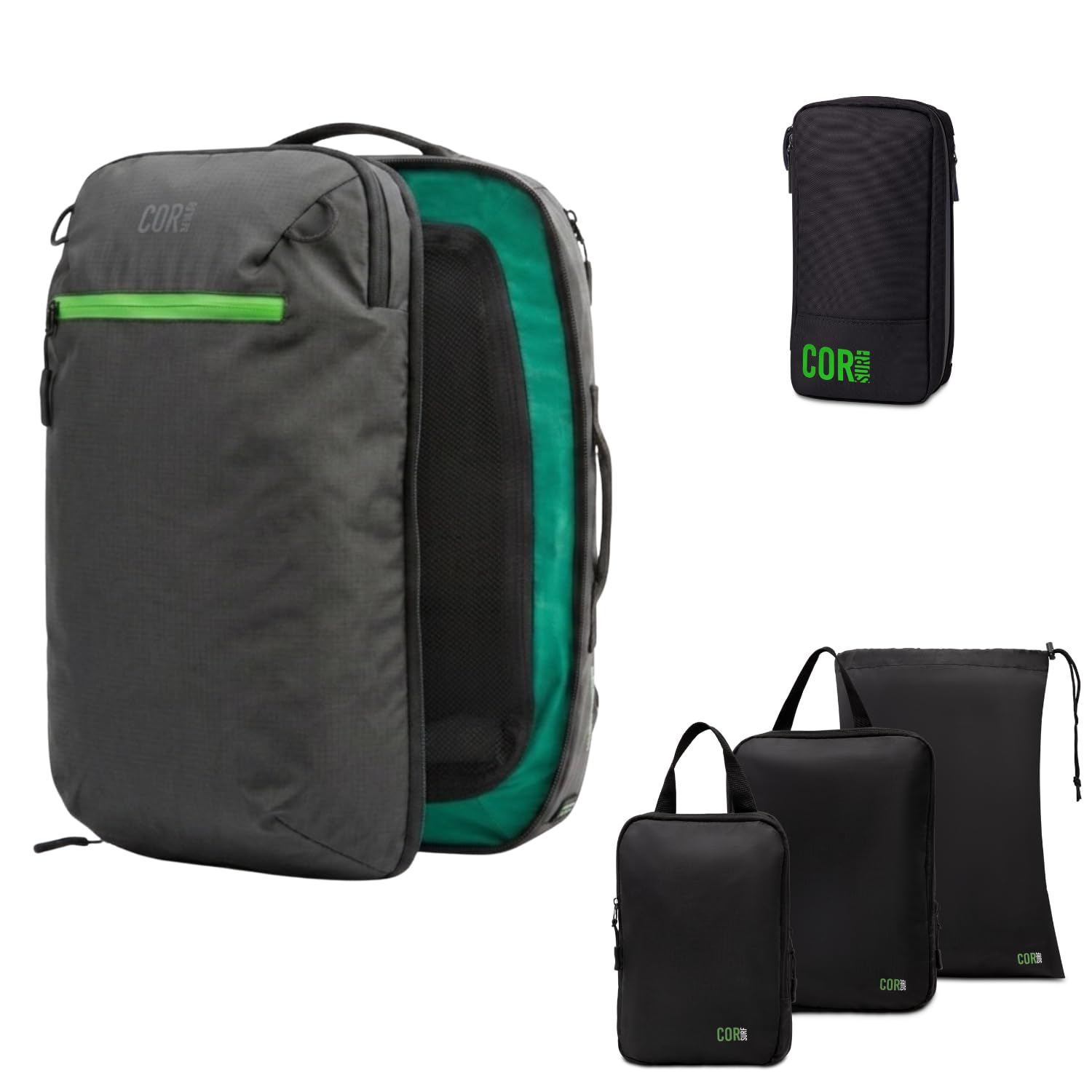 COR Surf Island Hopper 2.0 Carry On Backpack, 34L Black, Packing Cubes