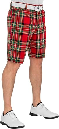 Royal & Awesome Stewart Tartan Mens Golf Shorts 38W, Plaid Shorts for Men with White Mens Golf Belt