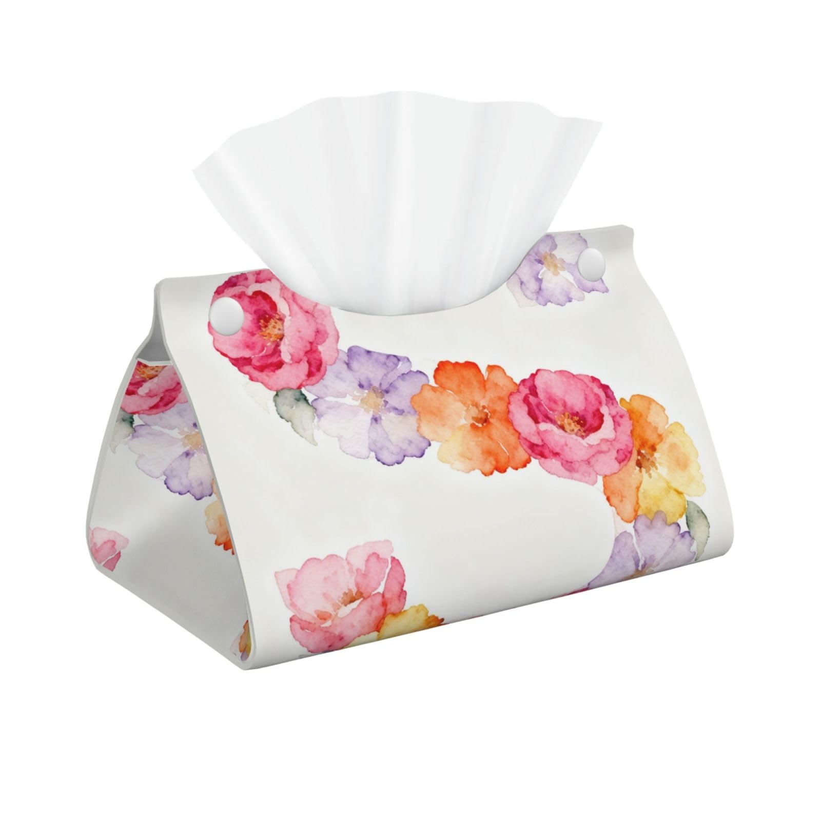 Watercolor Flowers Long Leather Tissue Box Cover-Waterproof PU Leather Tissue Holder for Bathroom, Decorative Rectangular Tissue Case