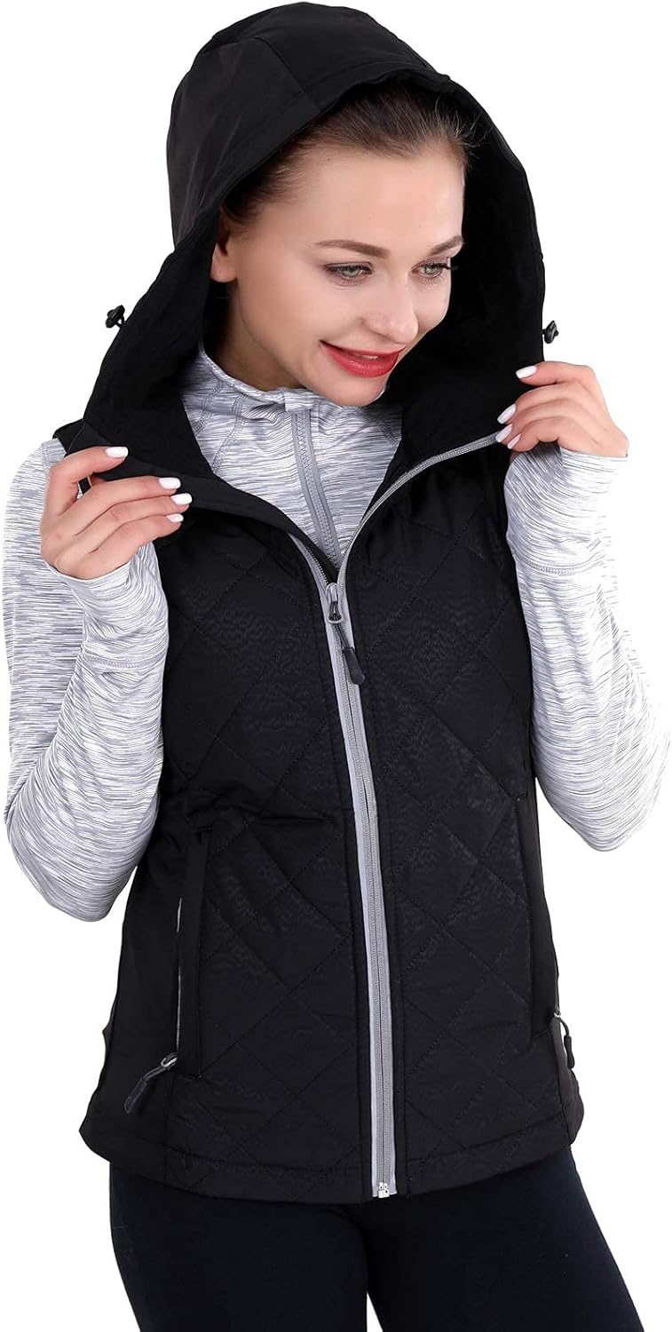 AMORUN Chaleco acolchado con capucha para mujer, con aislamiento negro, ligero, con cremallera y bolsillos laterales