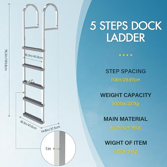 500 lbs Dock Ladder5 Steps,Aluminum,Non-Slip Step,Removable Design