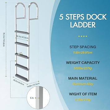 500 lbs Dock Ladder5 Steps,Aluminum,Non-Slip Step,Removable Design