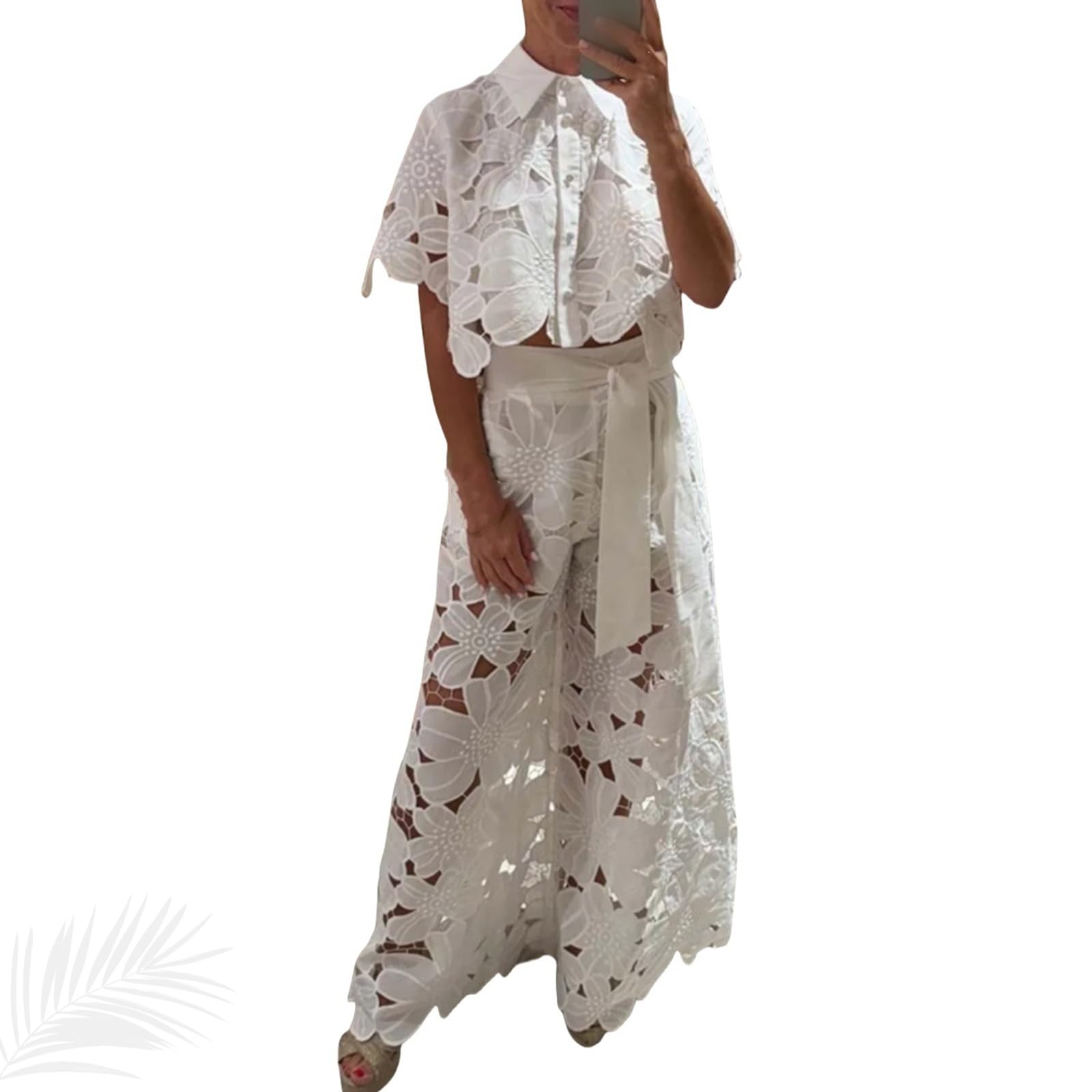Camicetta Floreale in Pizzo con Bottoni Sexy da Donna Top 2 Pezzi Set Tuta Pantaloni a Gamba Larga Elastico in vita Pantaloni a Gamba Larga Set Corrispondente
