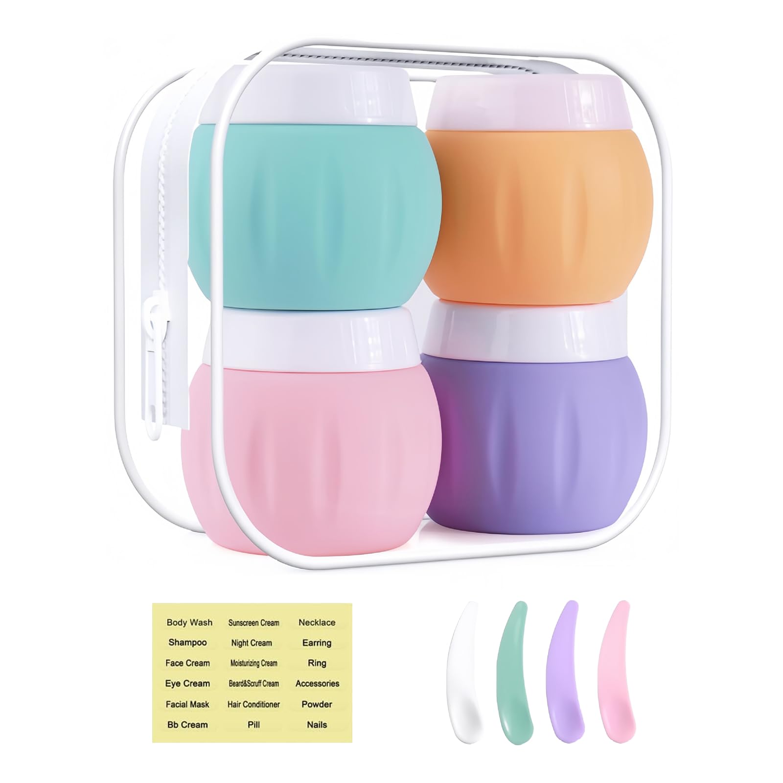 Janety 4 Pezzi Contenitori da viaggio per articoli da toeletta, 50 ml Porta Creme da Viaggio, Barattoli in Silicone per Crema con Sacchetto Trasparente, Etichette e Piccole Spatole