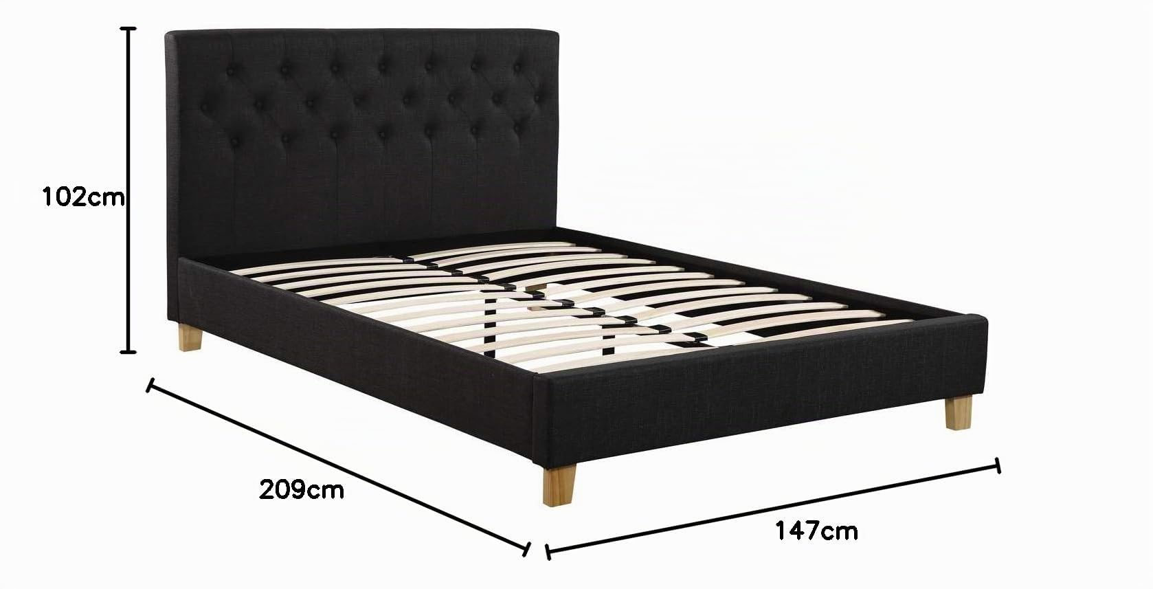 Habitat et Jardin - Lit Double Emmy en Tissu Gris Foncé 140 x 190 cm | Cadre de Lit 2 Places | Sommier et Tête de Lit Inclus | Support à Lattes en Bois