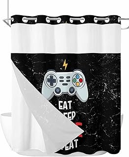 Eat Sleep Game Repeat No Hook Shower Curtain with Snap in Liner, Cartoon Game Consoles Retro Waterproof Shower Curtain for Bathroom with Top Sheer Window, 72x72 Inch