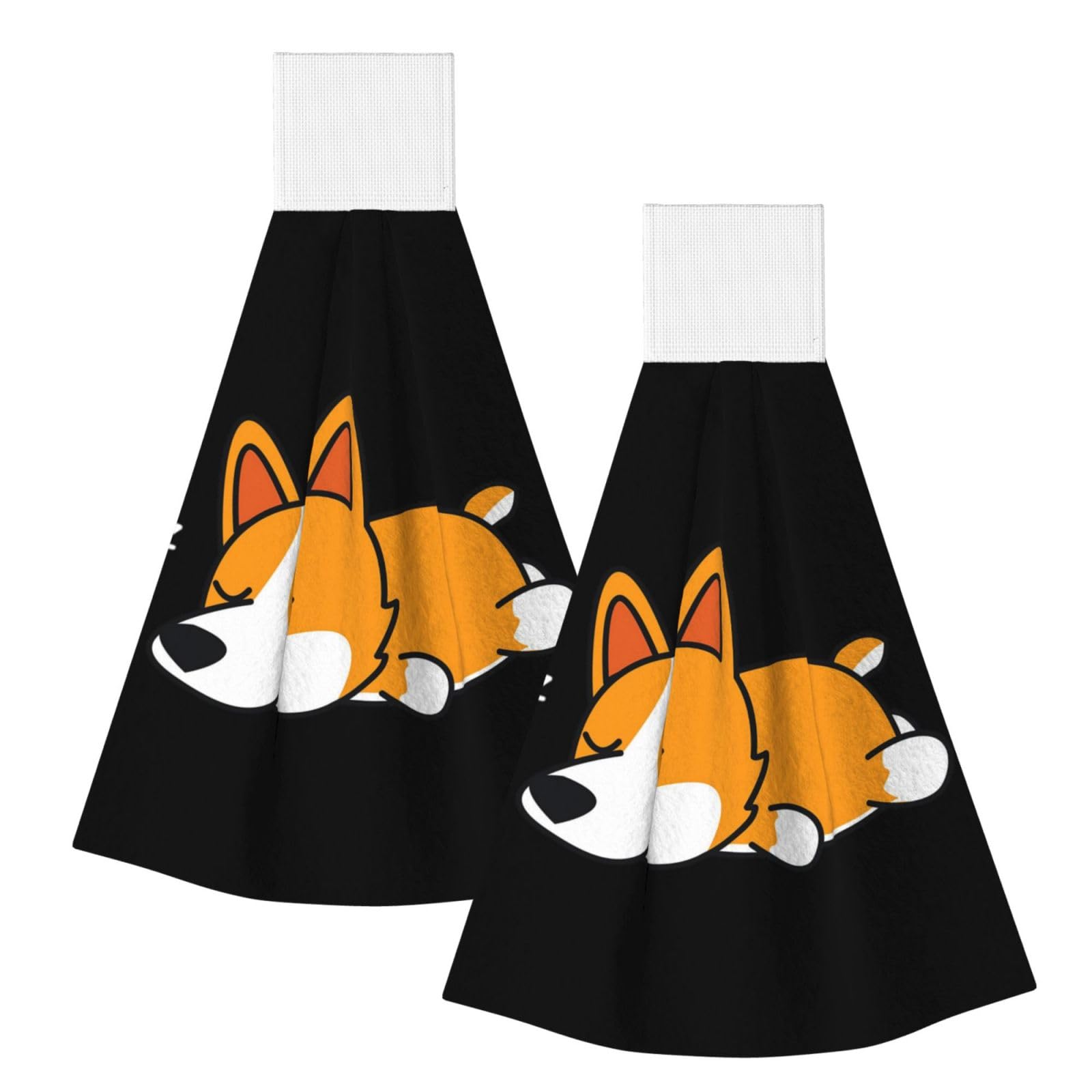 DOPKLNA Cute Corgi Sleeping, 2 Pcs Hanging Coral Fiber Hand Towels for Bathroom, Absorbent Kitchen Towels