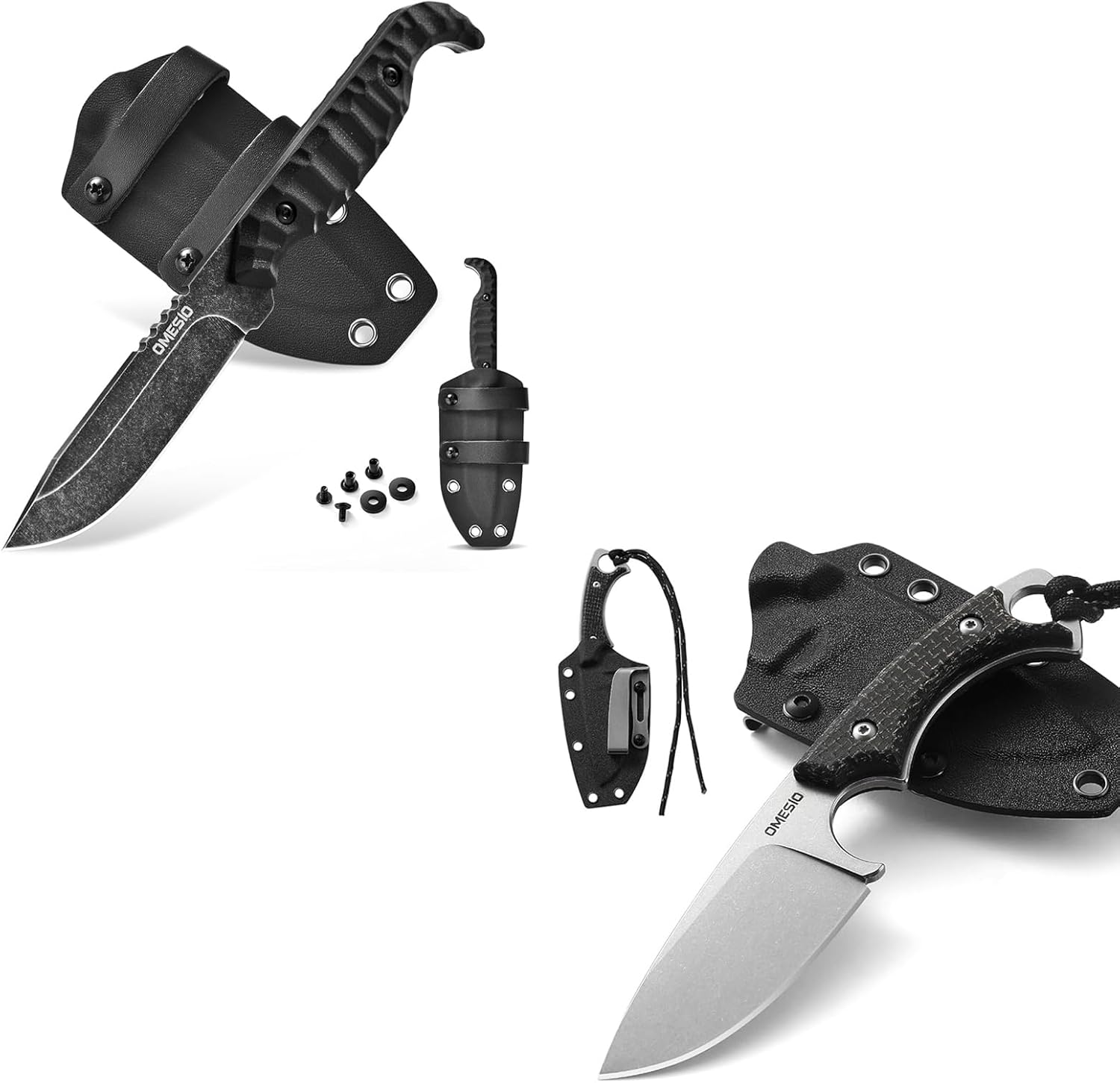 Omesio Tanto Fixed Blade Knife Set D2 Steel Small Camping EDC Horizontal Carry Knife with Kydex Sheath,