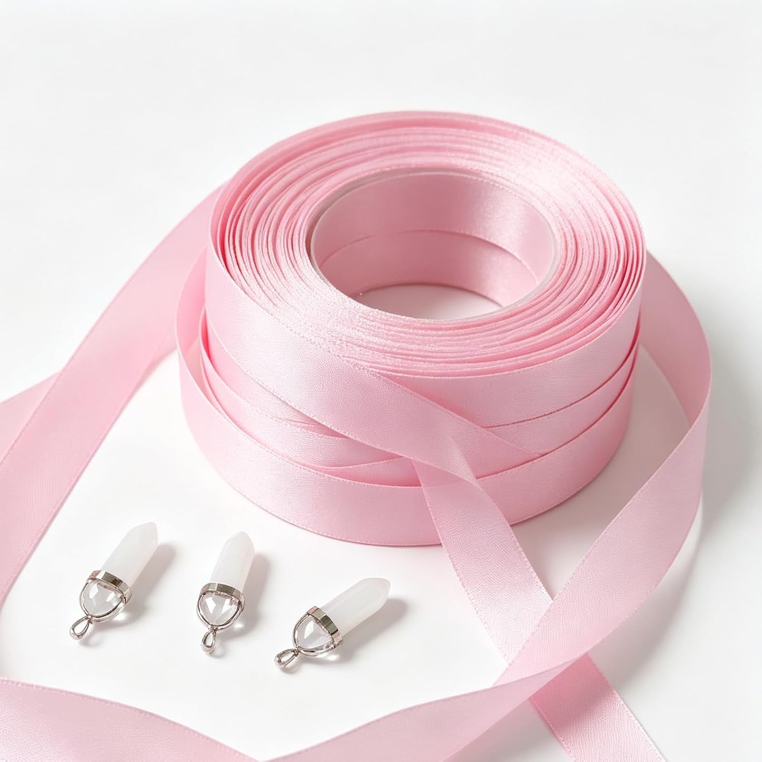 23. Elegant Floral Craft Decorations with Soft Pink Streamers and Sparkling White Crystals for Wedding Arrangements