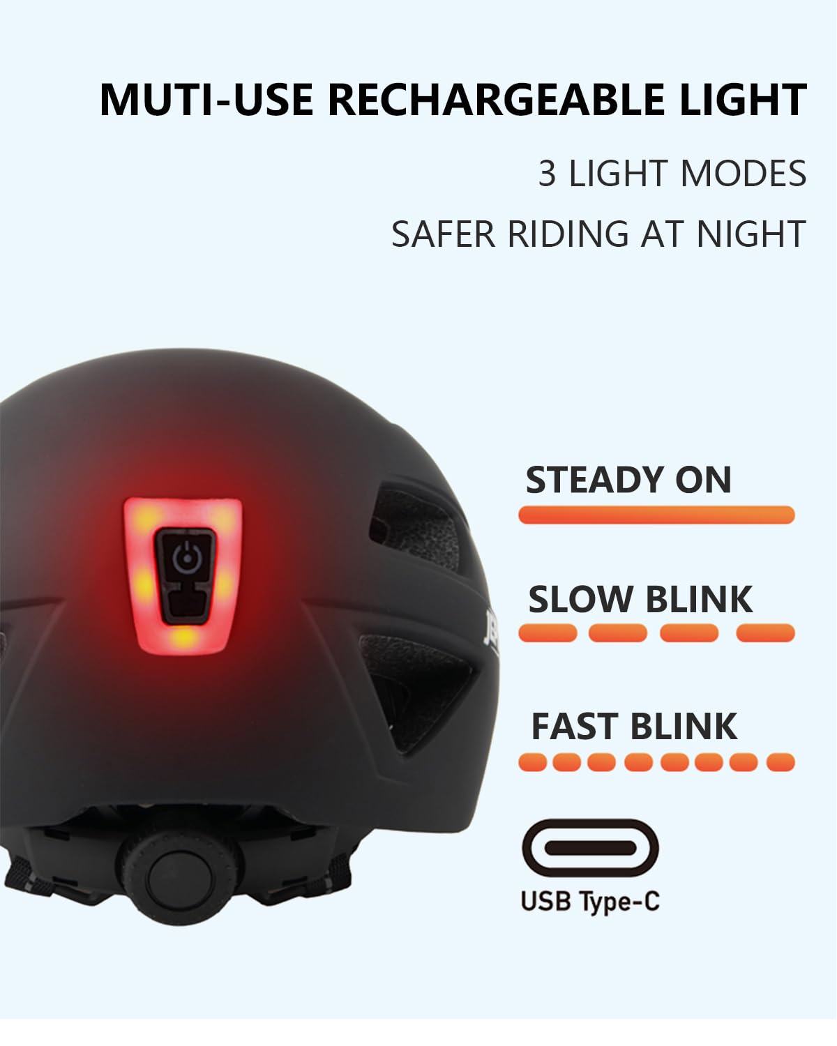 JEPOZRA Bike Helmet Adult with Integrated Taillight Lightweight Adjustable Baseball Cap Style Cycling Helmet for Urban Commuter Road Biking Scooter (Black)