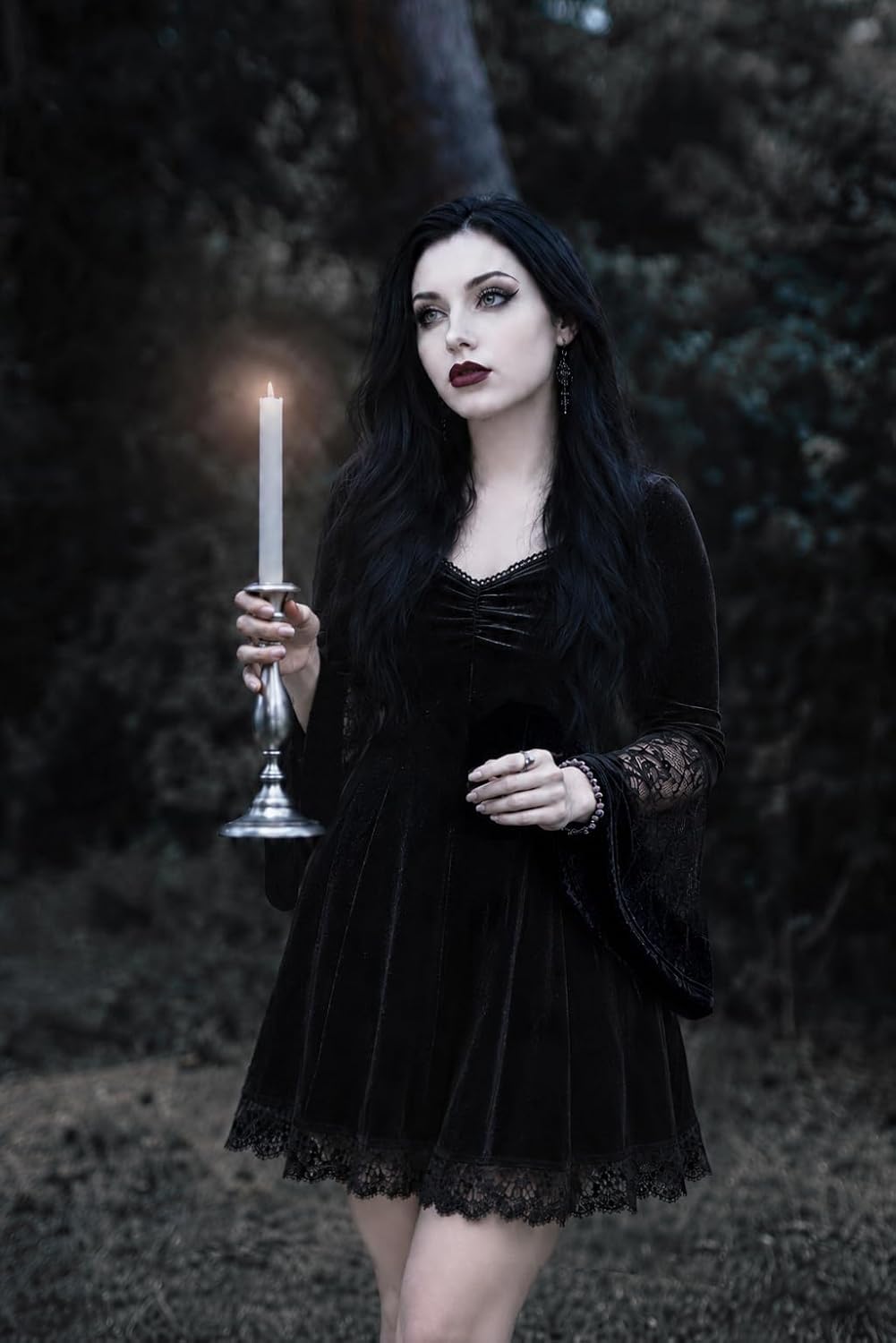 Contrast Lace Long Sleeve Dress Black Goth Vintage Dresses