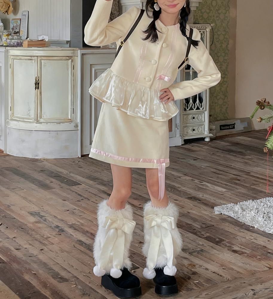Kawaii Getry dla Kobiet i Dziewcząt Y2K Urocze Kokardki i Pompony Futrzane Skarpetki na Buty Białe Puszyste Getry