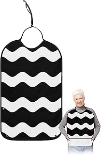BOBOWUNY Black Ripple Adult Bibs for Elder Women Men Eating, Simple Black White Waves Aesthetics Waterproof & Washable Bibs for Eating Clothing Protector Dining Bibs for Crumb Catcher