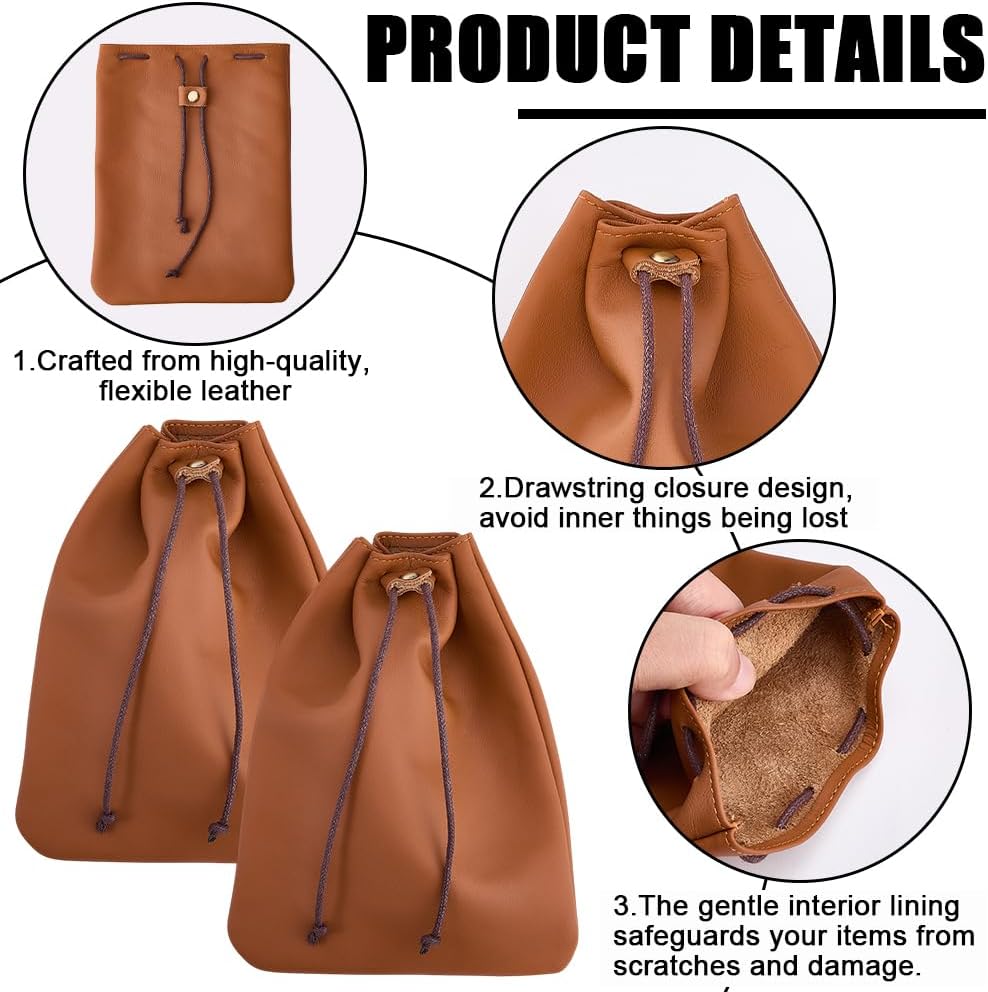 Beebeecraft 2Pcs Drawstring Leather Coin Pouches, 7.1x5.5in Cowhide Leather Pouch Sandy Brown Waterproof Medieval Money Bags Dice Purse Wallet Change Storage Organizer for Jewellery Women Mens Gift