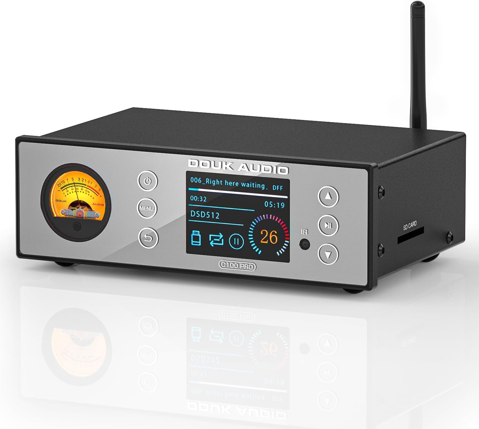 C100 PRO Mini Hi-Res Bluetooth Music Streamer Digital Audio Player Preamp DAC with USB Optical XLR - ESS9038 DSD512 & VU Meter & LED Display & Remote Control for Amplifier, Active Speakers