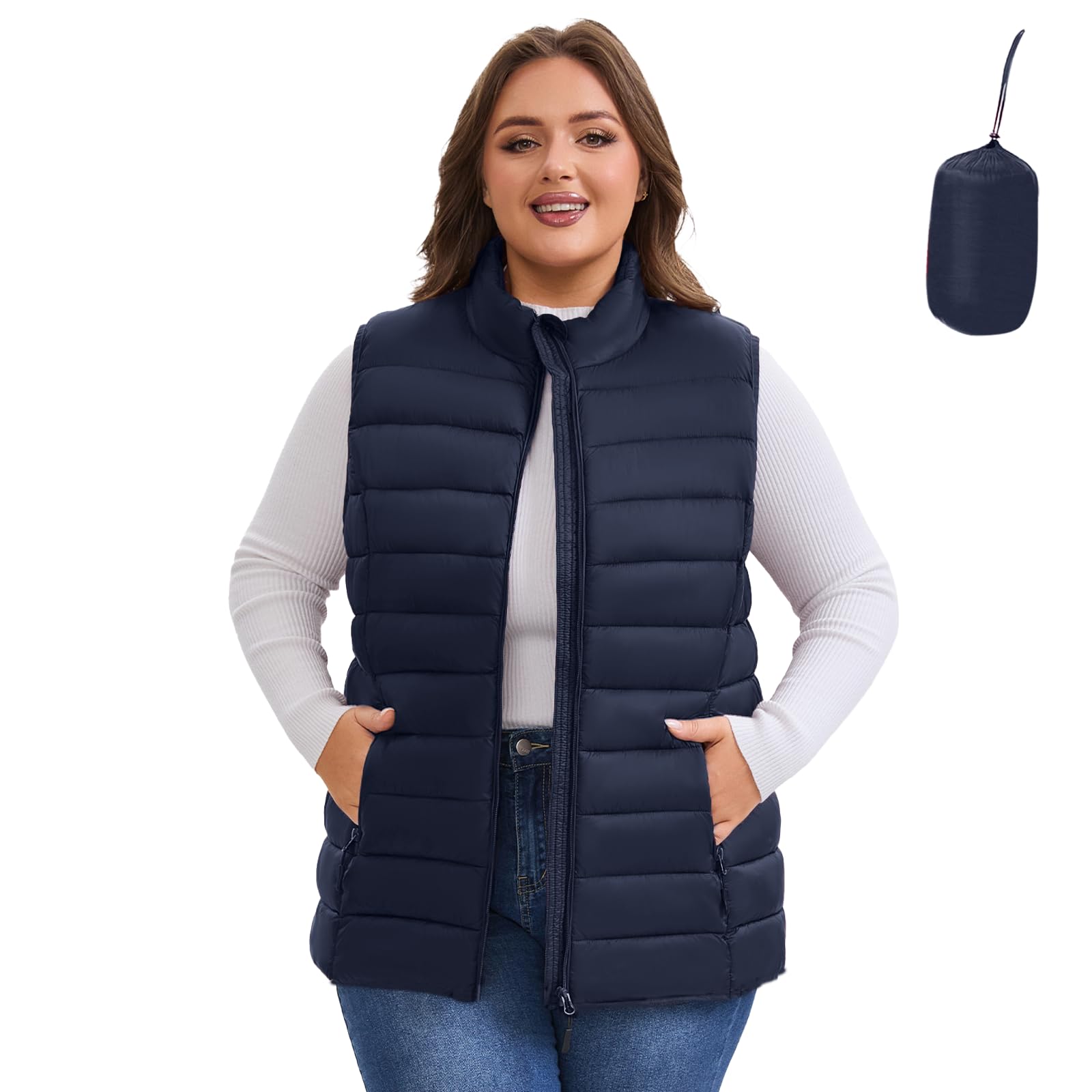 POEMDORA Plus Size Puffer Vest for Women 1X-6X Packable Lightweight Quilted Winter Puffy Vest (Navy Blue,3X)