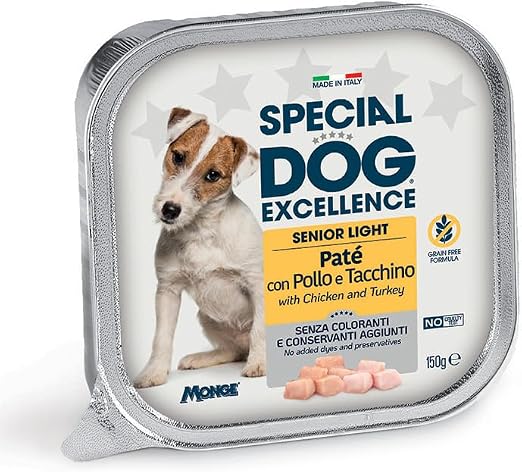 Monge Special Dog Excellence pasztet, wilgotny bez barwników, bez konserwantów dla starszych psów wszystkich rozmiarów o smaku kurczaka i nacięcia | 12 pojemników po 150 gramów.