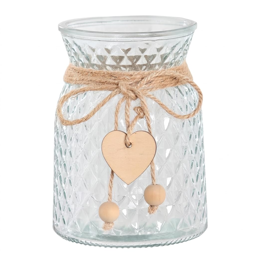 Bemonew Small Flower Vase 1pc Small Flower Vase, Clear Glass With Rope Heart Bead Decor & Irregular Texture For Centerpieces, Transparent
