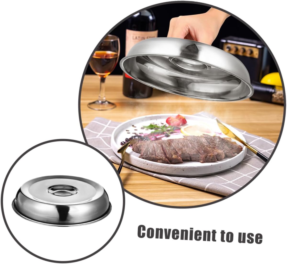 OUNONA 3Pcs Stainless Steel Food Protecting Dome Covers Steak Cloche Serving Dish with Handle for Grilling and Cooking