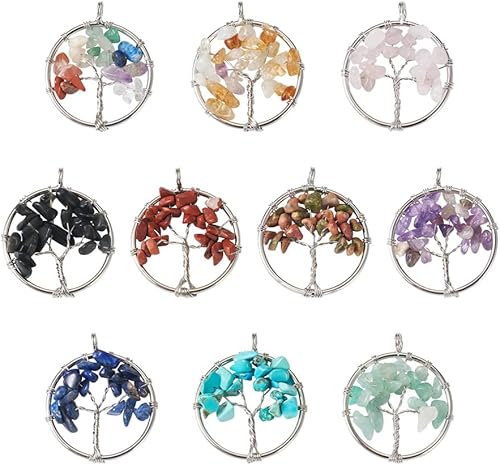 FASHEWELRY 10 dijes de árbol de la vida, piedras preciosas de chakras de cristal de cuarzo, dijes de piedra para árbol de la vida para bricolaje,
