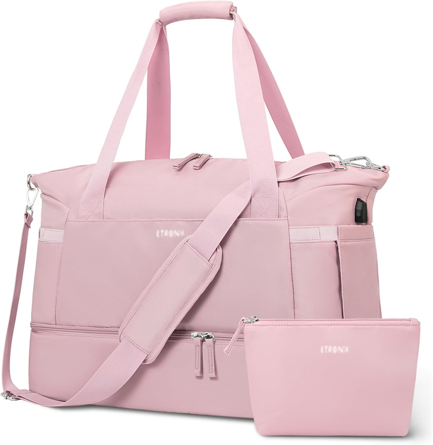 ETRONIK Gym Bag for Women, 35L Personal Item Travel Bag with Shoes Compartment, Weekender Overnight Duffel Bag with Wet Pocket & USB Charging Port, Carry On Bag for Women, Travel, Gym, Weekend (Pink)