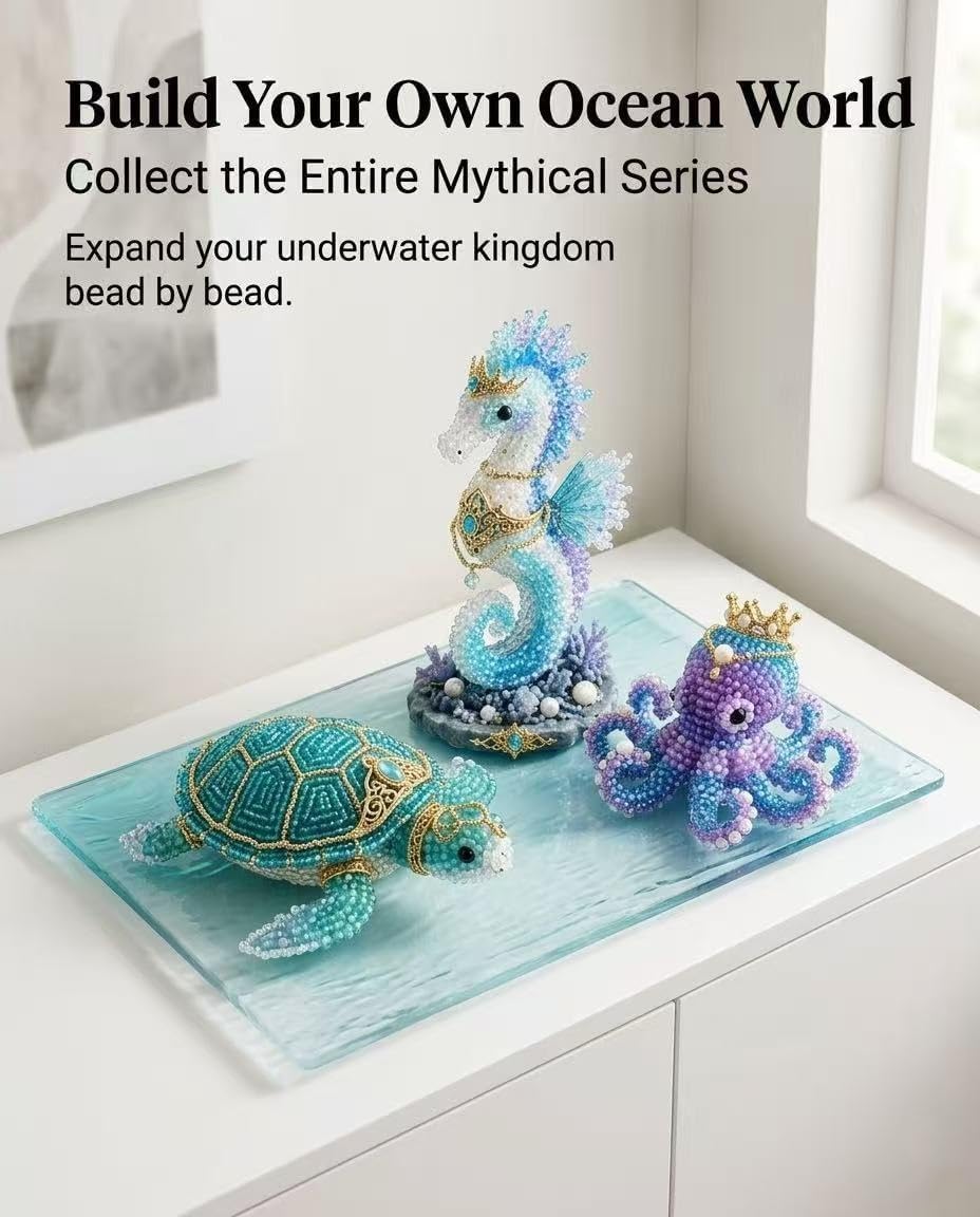 Mythical Ocean DIY Bead Kit for Beginners, 3D Crystal Beading Craft Kit with Instructions, 8 Unique Sea Animal Designs with Glass Beads and Pattern Guide, Underwater Bead Embroidery Set (Sea Dragon)