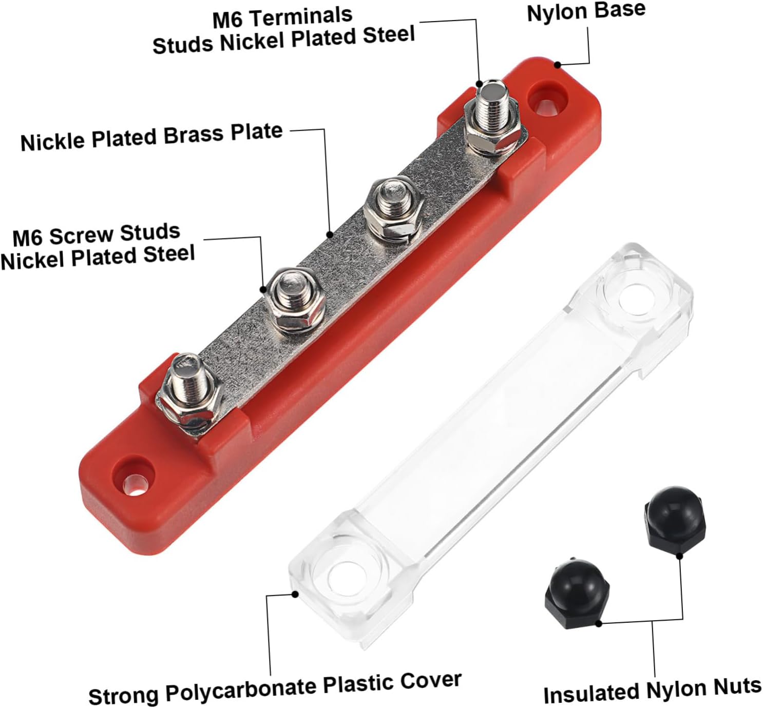 GLEAVI M6 2-Way Battery Bus Bar Power Distribution Terminal Block for Marine and RV Waterproof Connection Cover for 12V Systems