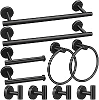 RUBY.Q 10PCS Black Matte Stainless Steel Bathroom Hardware Set: 16" Towel Bars, TP Holders, Rings & Hooks